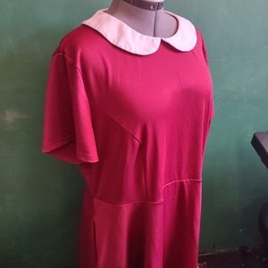 Red Burgundy Wine Peter Pan Collar Dress Pockets